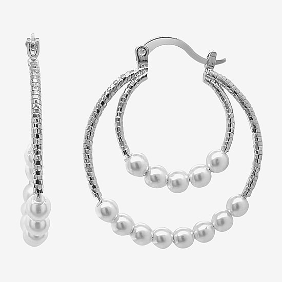 Sparkle Allure Double Row Womens White Simulated Pearl 35mm Hypoallergenic Hoop Earrings