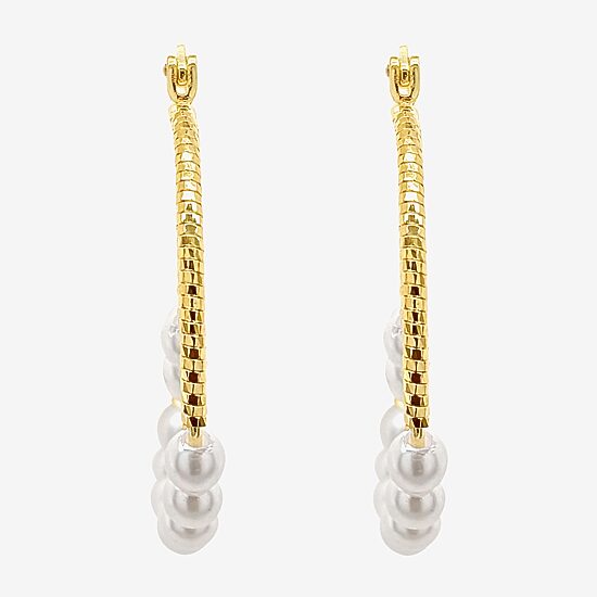 Sparkle Allure Double Row Womens White Simulated Pearl 14K Gold Over Brass 35mm Hypoallergenic Hoop Earrings