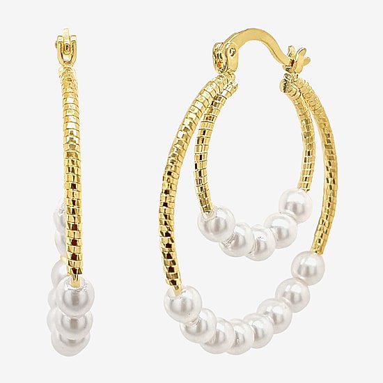 Sparkle Allure Double Row Womens White Simulated Pearl 14K Gold Over Brass 35mm Hypoallergenic Hoop Earrings