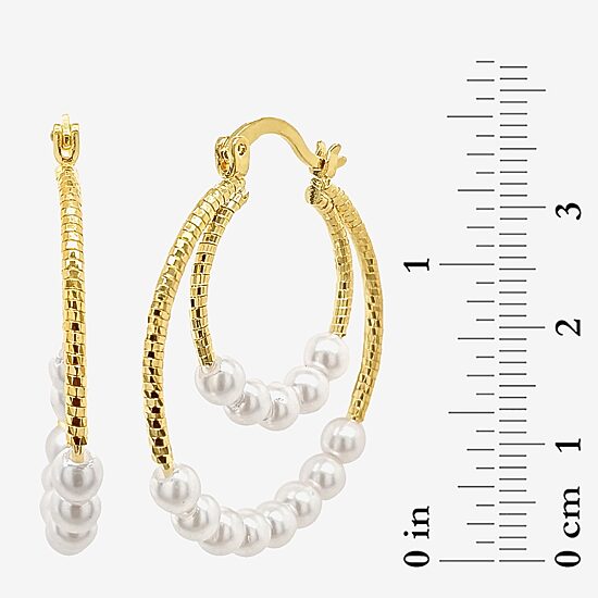 Sparkle Allure Double Row Womens White Simulated Pearl 14K Gold Over Brass 35mm Hypoallergenic Hoop Earrings