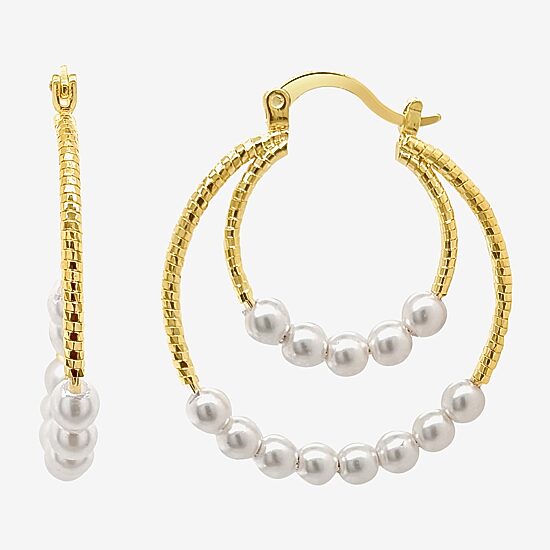 Sparkle Allure Double Row Womens White Simulated Pearl 14K Gold Over Brass 35mm Hypoallergenic Hoop Earrings