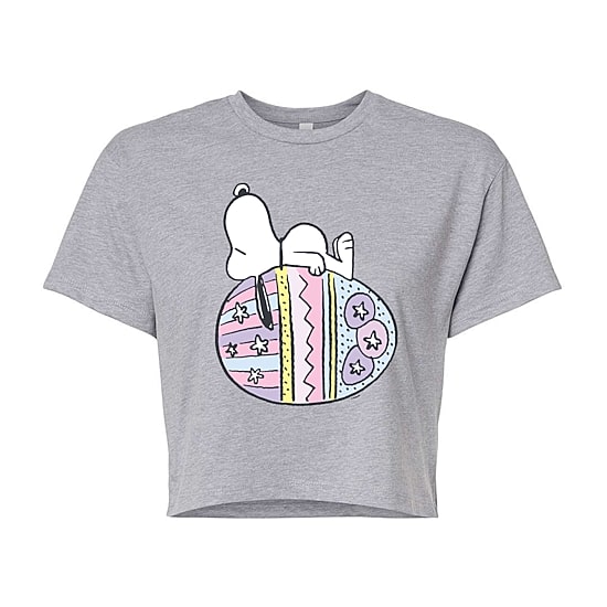 Easter Egg Cropped Womens Juniors Crew Neck Short Sleeve Boxy Fit Peanuts Snoopy Graphic T-Shirt
