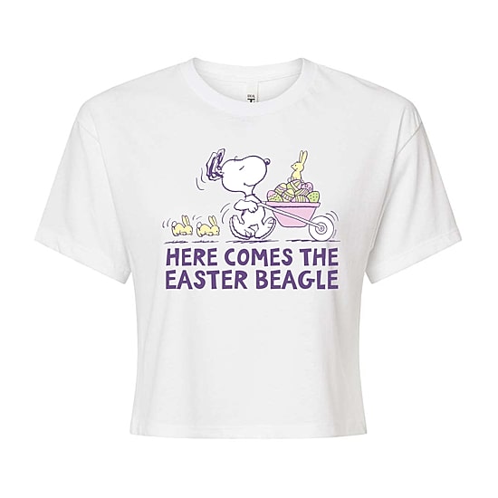 Easter Beagle Cropped Womens Juniors Crew Neck Short Sleeve Boxy Fit Peanuts Snoopy Graphic T-Shirt