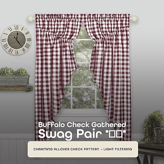 Achim Buffalo Check Gathered Swagger Rod Pocket Light-Filtering Set of 2 Curtain Panel