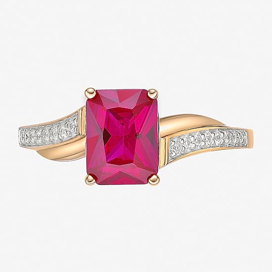 Womens Diamond Accent Lab Created Red Ruby 18K Gold Over Silver Side Stone Cocktail Ring