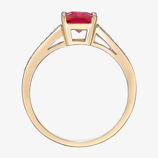 Womens Diamond Accent Lab Created Red Ruby 18K Gold Over Silver Side Stone Cocktail Ring