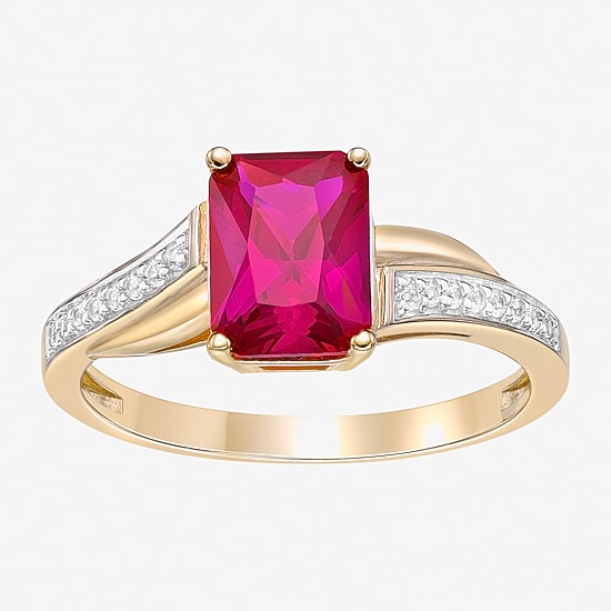Womens Diamond Accent Lab Created Red Ruby 18K Gold Over Silver Side Stone Cocktail Ring