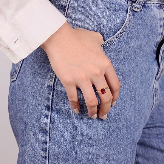 Womens Diamond Accent Lab Created Red Ruby 18K Gold Over Silver Side Stone Cocktail Ring