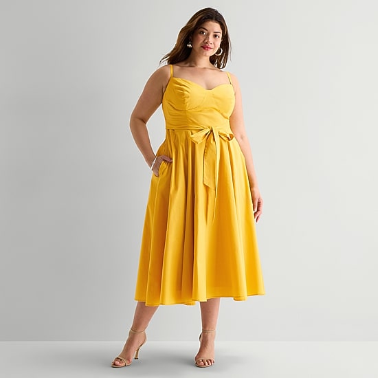 Premier Amour Womens Plus Midi V Neck Sleeveless Fit + Flare Dress