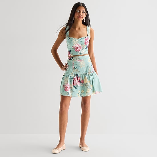 Emerald Sundae Womens Juniors Square Neck Short Sleeve Floral Dress Set