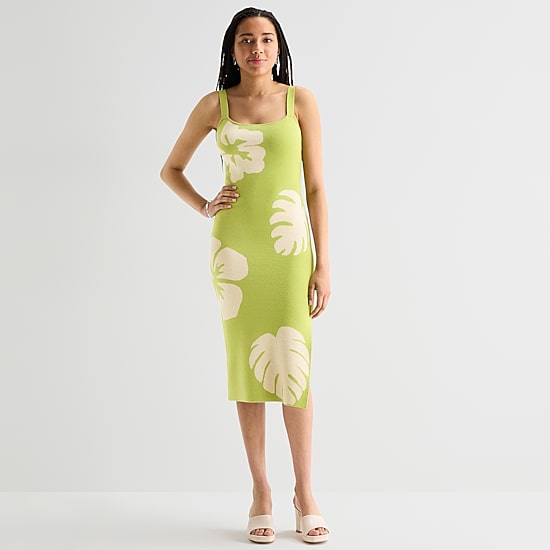 by&by Womens Juniors Sleeveless Leaf Midi Sweater Dress