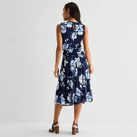 Perceptions Womens Midi Crew Neck Sleeveless Floral Fit + Flare Dress