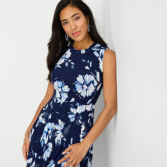 Perceptions Womens Midi Crew Neck Sleeveless Floral Fit + Flare Dress
