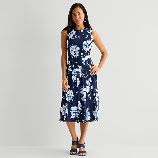 Perceptions Womens Midi Crew Neck Sleeveless Floral Fit + Flare Dress