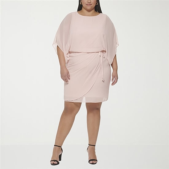 Jessica Howard Womens Plus Boat Neck 3/4 Sleeve Flutter Chiffon Fit + Flare Dress