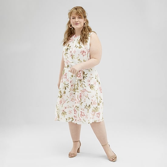Jessica Howard Womens Plus Midi Crew Neck Sleeveless Chiffon Floral Fit + Flare Dress