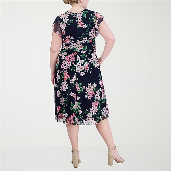 Jessica Howard Womens Plus Midi V Neck Short Sleeve Flutter Floral Fit + Flare Dress