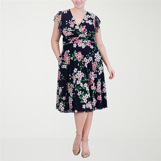 Jessica Howard Womens Plus Midi V Neck Short Sleeve Flutter Floral Fit + Flare Dress