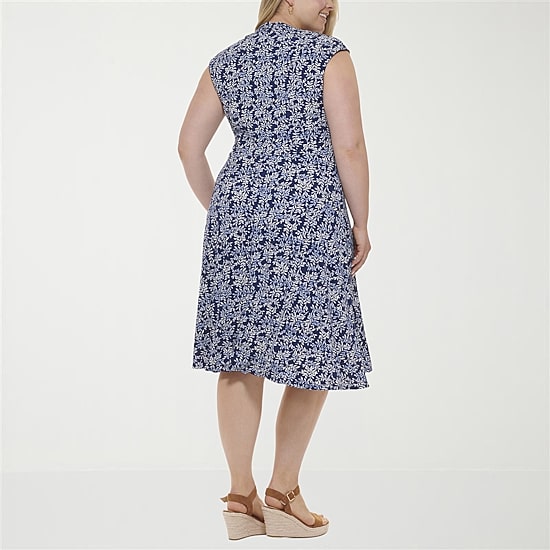 Jessica Howard Womens Plus Midi V Neck Sleeveless Floral Fit + Flare Dress