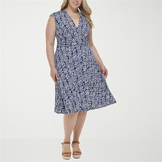 Jessica Howard Womens Plus Midi V Neck Sleeveless Floral Fit + Flare Dress