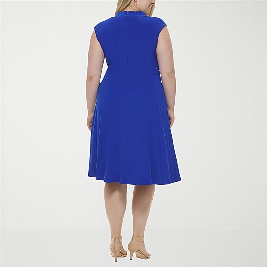 Jessica Howard Womens Plus Midi V Neck Short Sleeve Cap Fit + Flare Dress