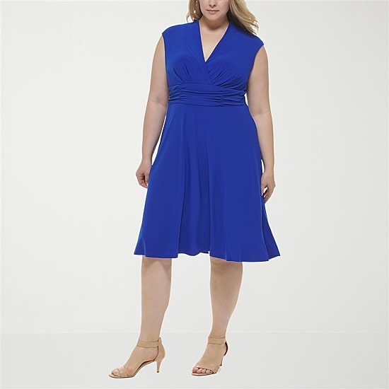 Jessica Howard Womens Plus Midi V Neck Short Sleeve Cap Fit + Flare Dress