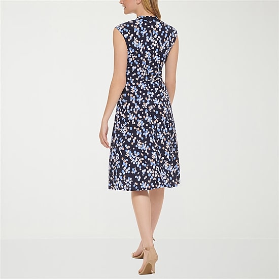 Jessica Howard Womens Petite Midi V Neck Sleeveless Floral Fit + Flare Dress