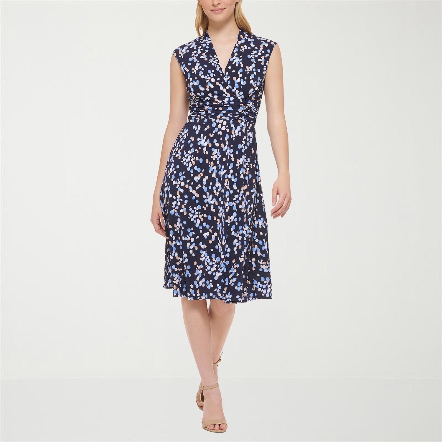 Jessica Howard Womens Petite Midi V Neck Sleeveless Floral Fit + Flare Dress
