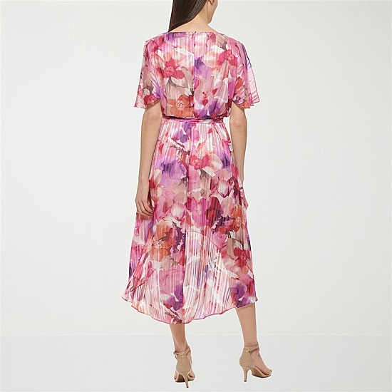 Jessica Howard Womens Petite High-Low Boat Neck Short Sleeve Flutter Floral Fit + Flare Dress