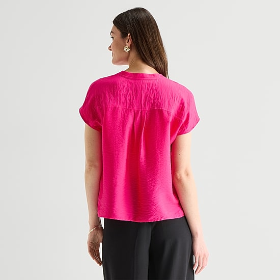 Worthington Womens Henley Neck Short Sleeve Blouse
