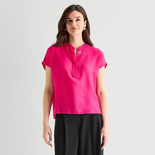 Worthington Womens Henley Neck Short Sleeve Blouse In Pink