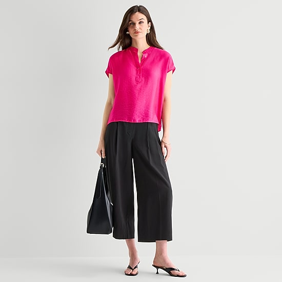 Worthington Womens Henley Neck Short Sleeve Blouse