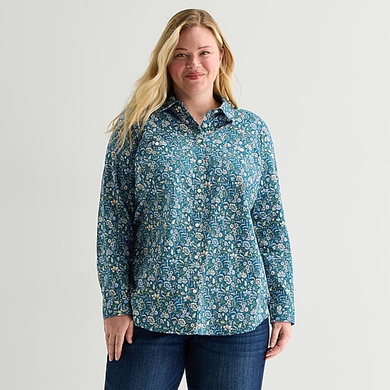 St. John's Bay Womens Plus Cuffed Long Sleeve Regular Fit Button-Down Shirt