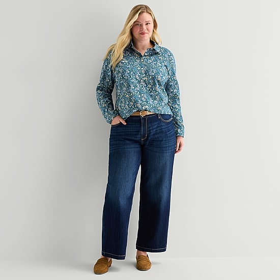 St. John's Bay Womens Plus Cuffed Long Sleeve Regular Fit Button-Down Shirt