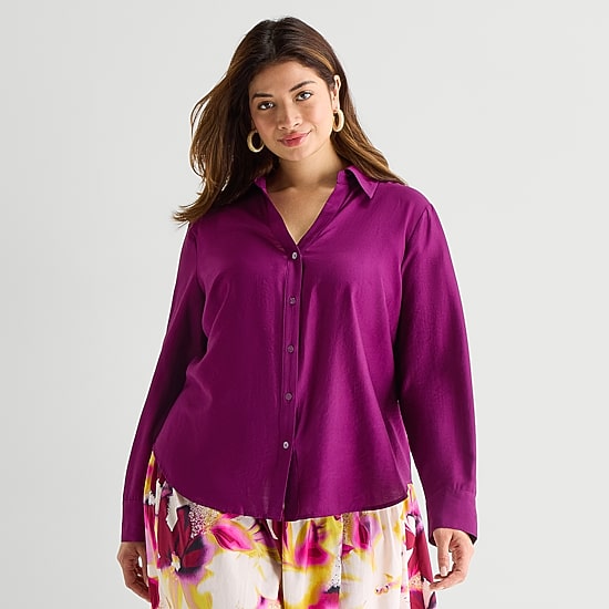 Worthington Womens Plus Long Sleeve Satin Blouse