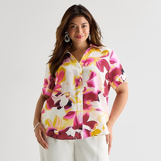 Worthington Womens Plus Cuffed Short Sleeve Slim Fit Button-Down Shirt
