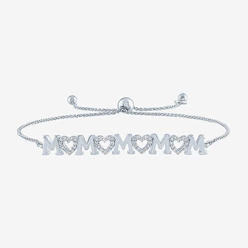 Yes, Please! "Mom" Womens 1/10 CT. T.W. Natural White Diamond Sterling Silver Heart Bolo Bracelet, One Size