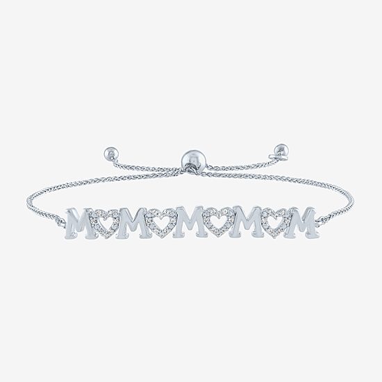 Yes, Please! "Mom" Womens 1/10 CT. T.W. Natural White Diamond Sterling Silver Heart Bolo Bracelet