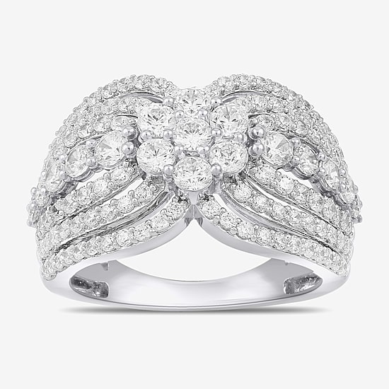 Diamond Blossom Womens 2 CT. T.W. Lab Grown White Diamond 10K White or Yellow Gold Cluster Cocktail Ring