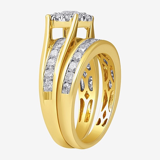 (G / I1) Womens 2 CT. T.W. Lab Grown White Diamond 14K Gold Round Side Stone Halo Bridal Set
