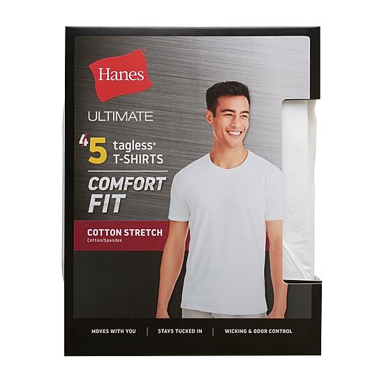 Hanes Comfort Fit Cotton Stretch Bonus Pack Mens 5 Pack Short Sleeve Crew Neck Moisture Wicking T-Shirt