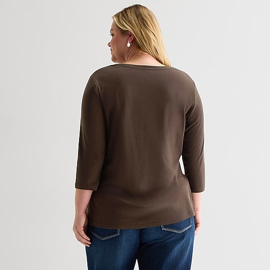St. John's Bay Womens Plus V Neck 3/4 Sleeve T-Shirt