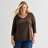 St. John's Bay Womens Plus V Neck 3/4 Sleeve T-Shirt