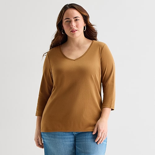 St. John's Bay Womens Plus V Neck 3/4 Sleeve T-shirt In Brown