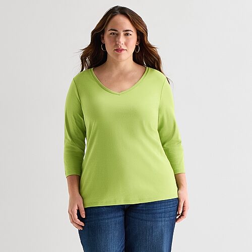 St. John's Bay Womens Plus V Neck 3/4 Sleeve T-Shirt, 2x, Green