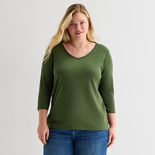 St. John's Bay Womens Plus V Neck 3/4 Sleeve T-shirt In Green