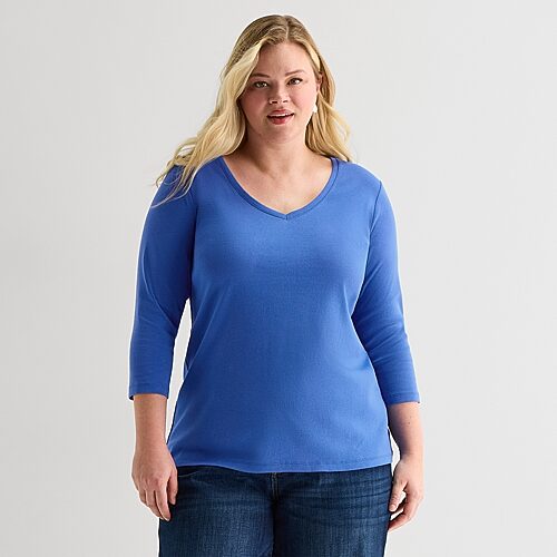 St. John's Bay Womens Plus V Neck 3/4 Sleeve T-shirt In Blue