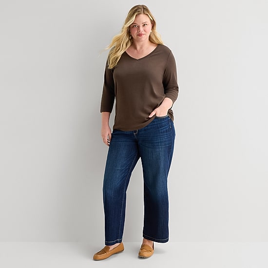 St. John's Bay Womens Plus V Neck 3/4 Sleeve T-Shirt