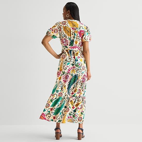 MSK Womens V Neck Short Sleeve Puffed Maxi Dress