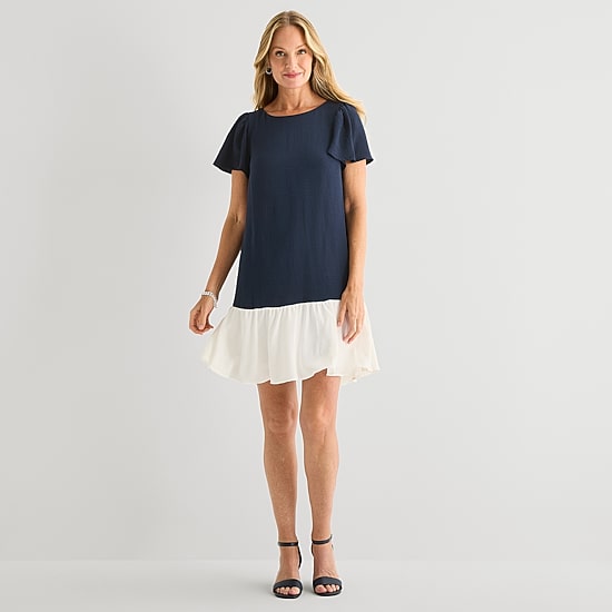 Marc New York Womens Round Neck Short Sleeve Shift Dress